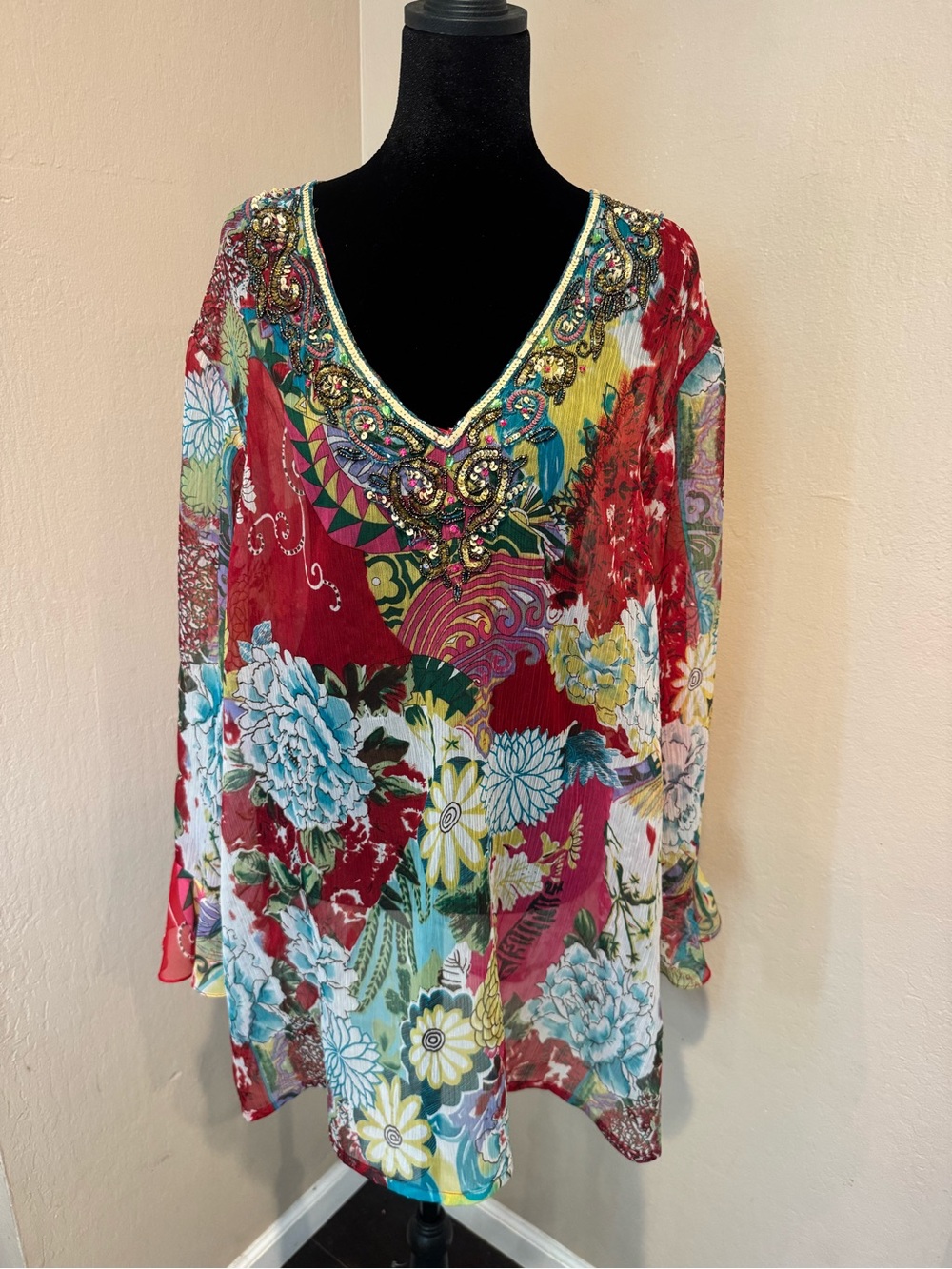 Unique Sheer Sequin & Beaded Embellished V-Neck Floral Tunic - Red Multi